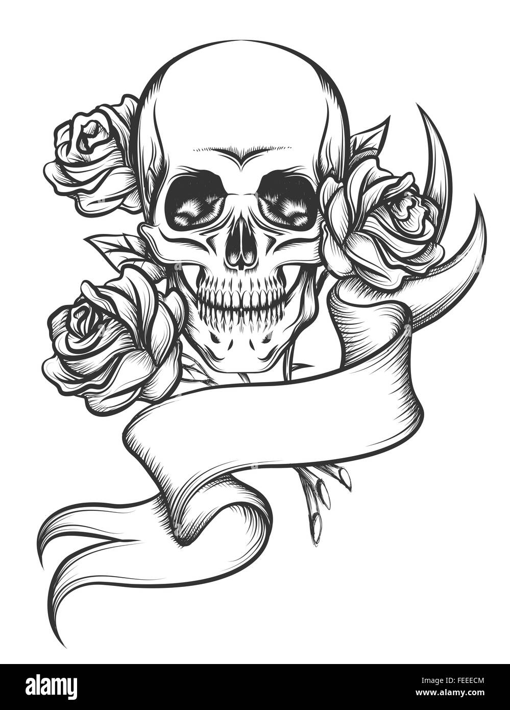 Cranio umano con rose e blanc nastro. Illustrazione in stile tatuaggio isolati su sfondo bianco Illustrazione Vettoriale