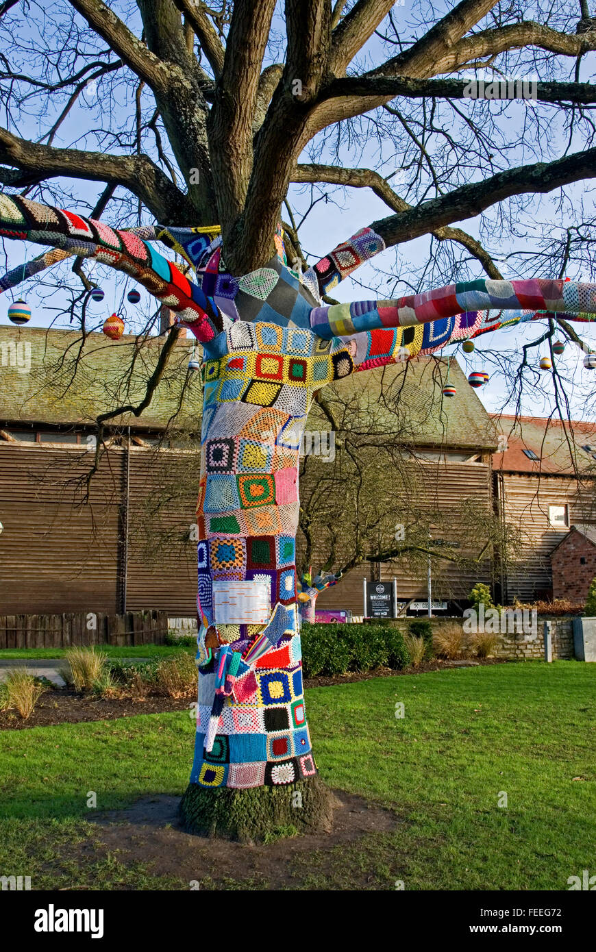 Maglia piazze modellato su un albero a foglie decidue in Bancroft Giardini in Stratford upon Avon. Foto Stock Maglia piazze modellato su un albero a foglie decidue in Bancroft Giardini in Stratford upon Avon. Foto Stock