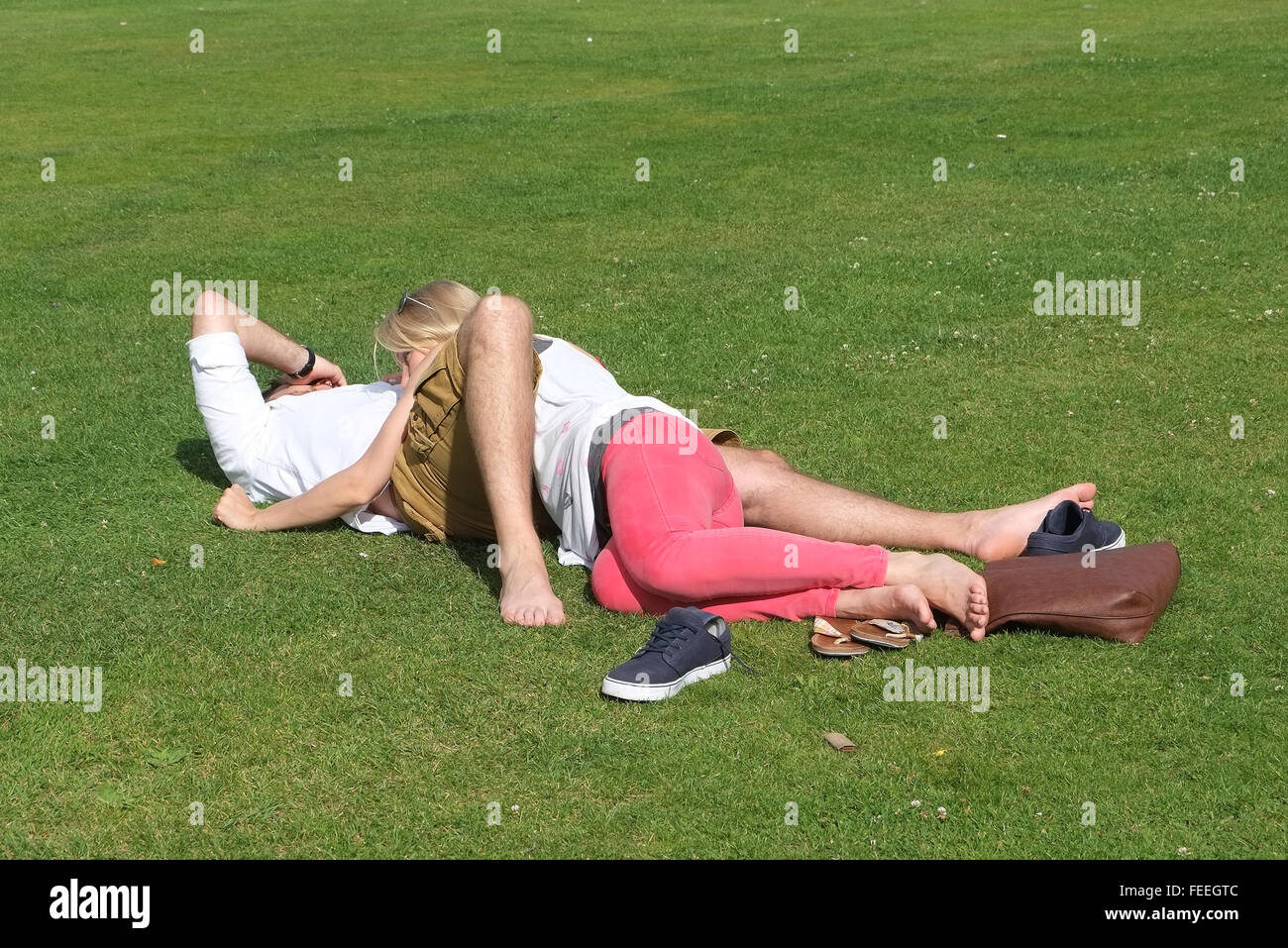 Intrecciano anonimo amanti sull'erba in un parco pubblico. Luglio 2015 Foto Stock