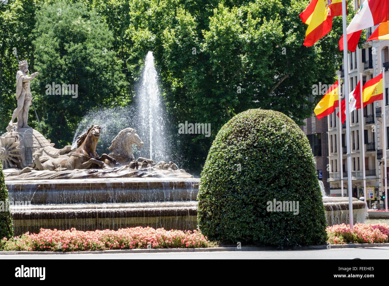 Madrid Spagna,Europa europea,spagnolo,Centro,Retiro,Paseo del Prado,Fuente de Neptuno,Fontana del Nettuno,punto di riferimento,barocco,Ventura Rodriguez,paesaggio,scu Foto Stock