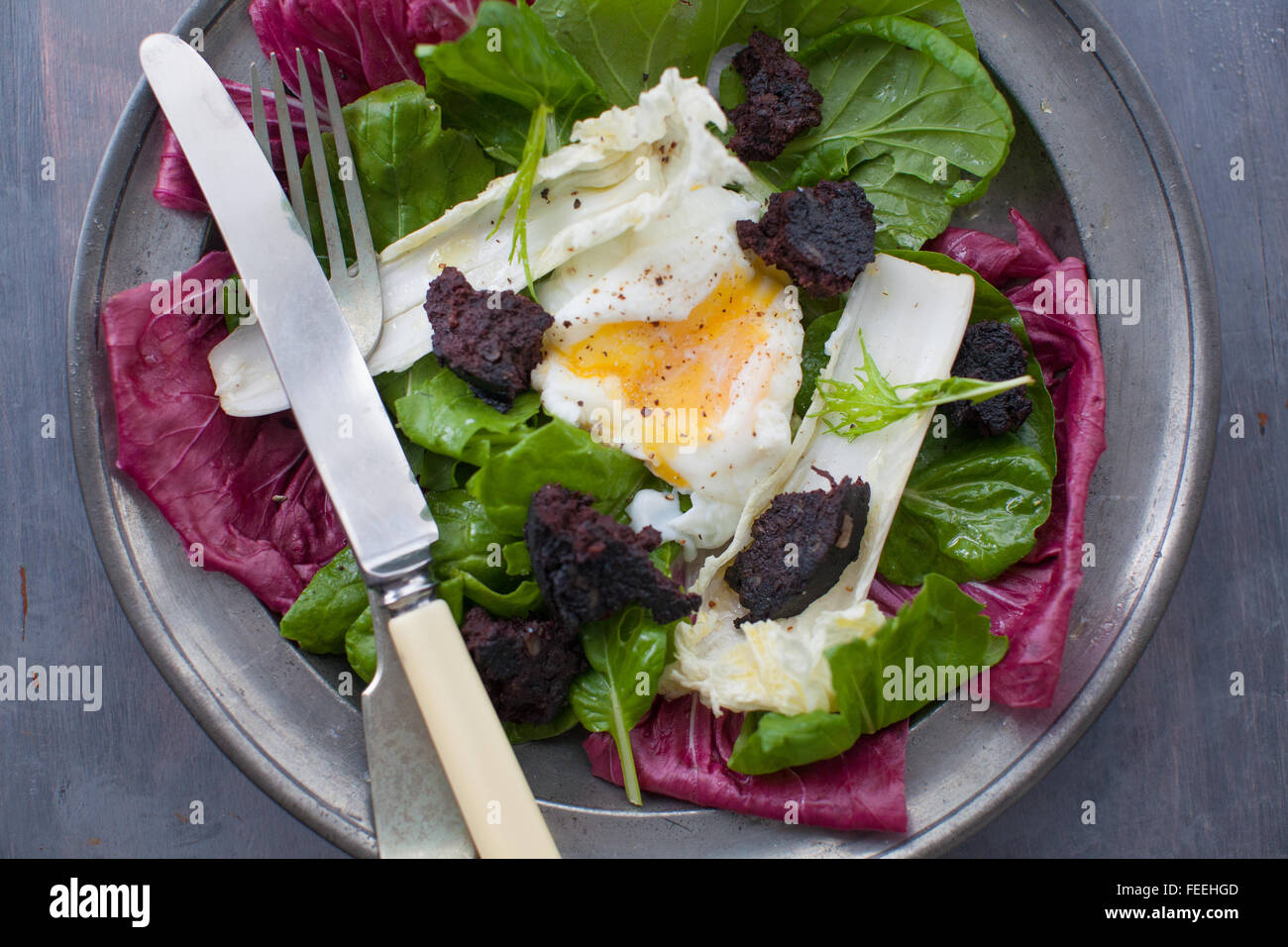 Foglia di organico, budino nero e Uovo affogato insalata. Foto Stock