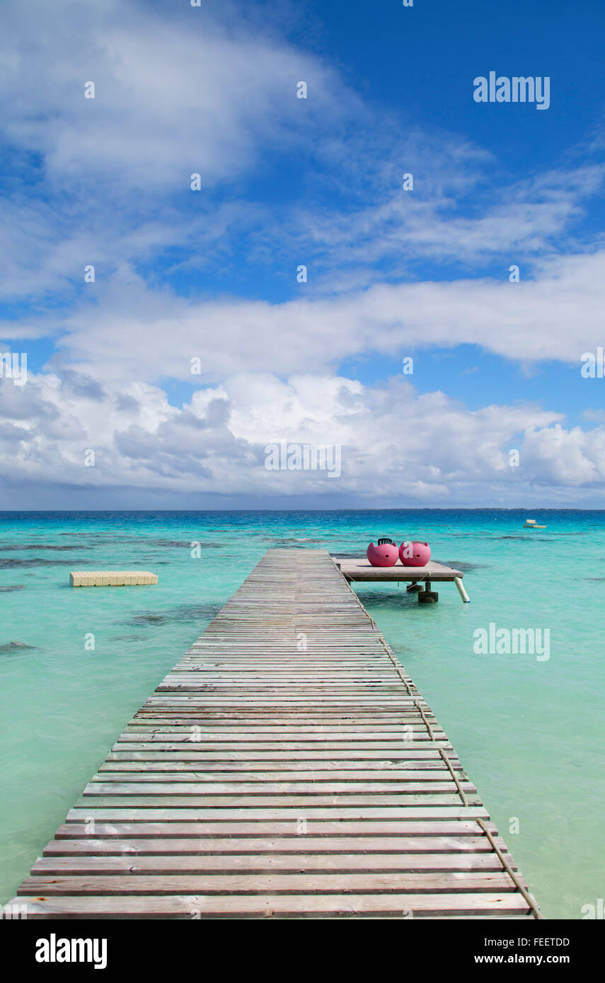 Jetty di laguna, Fakarava, isole Tuamotu, Polinesia Francese Foto Stock