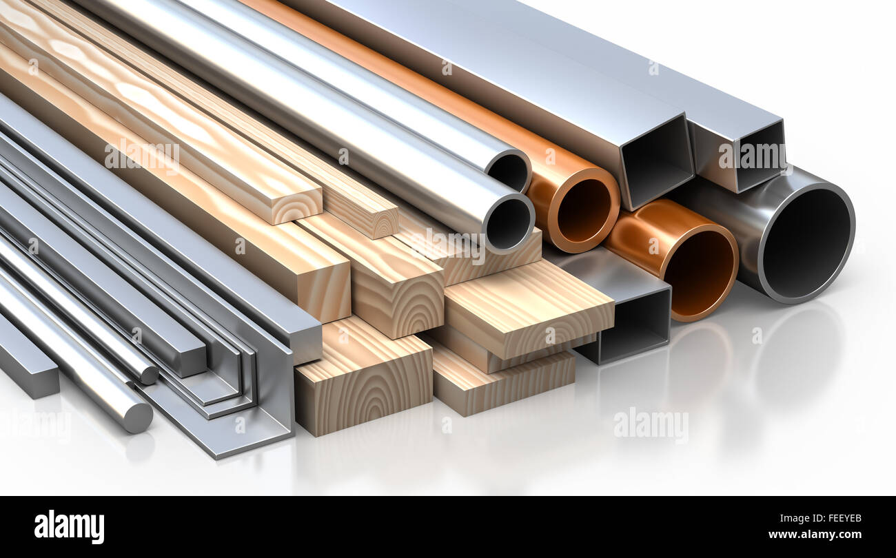 Insieme di travi in legno, pannelli e metallico rotondo in acciaio inossidabile e tubi rettangolari e tubi. Costruzione 3d materiali Foto Stock