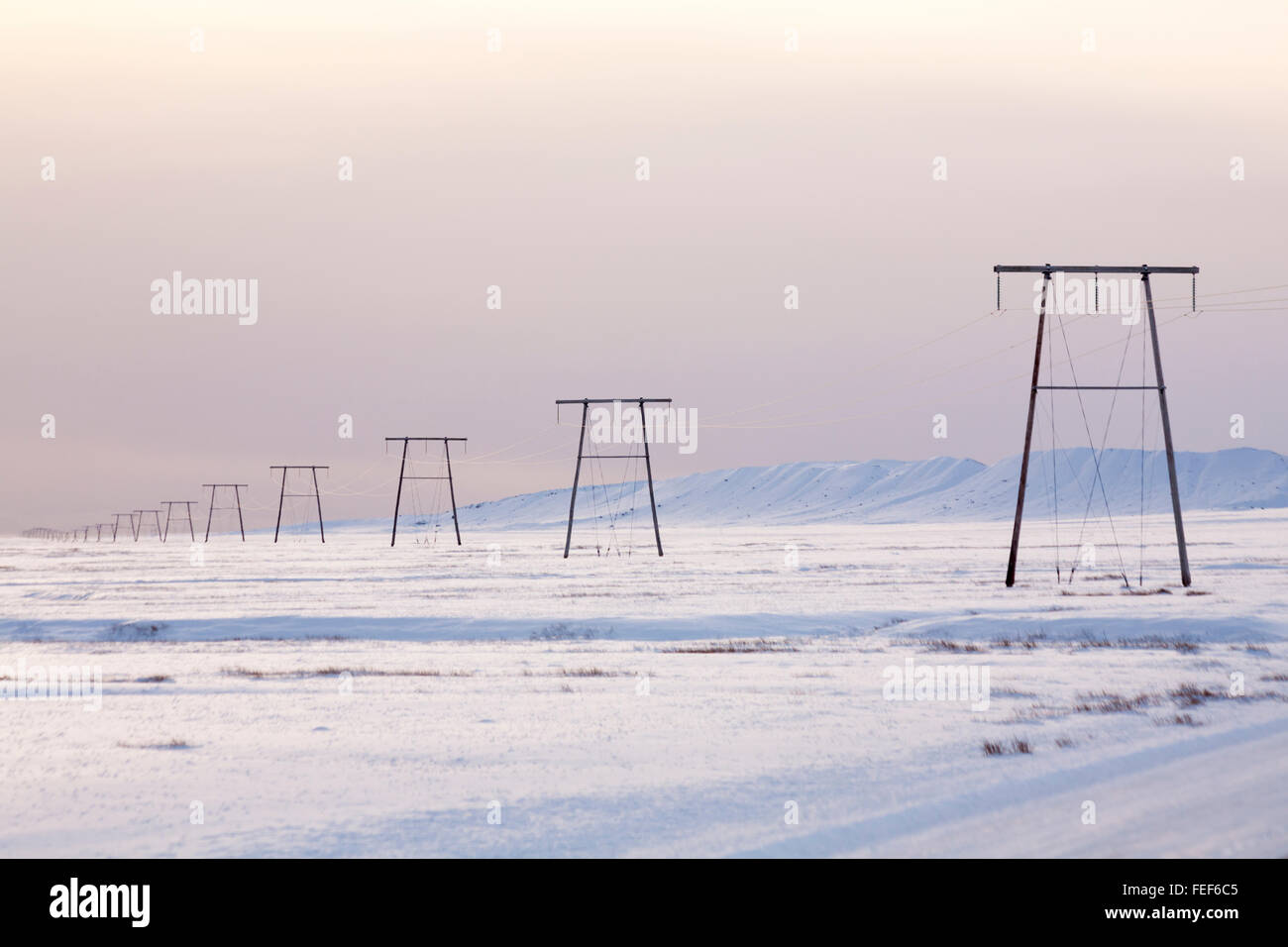 Fila di piloni elettrici che si rierigendo in lontananza in Islanda nel mese di gennaio - paesaggio minimalista scenico paesaggio - minimalismo neve Foto Stock