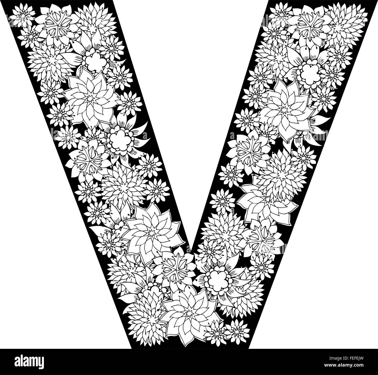 Disegnato a mano alfabeto floreale design. Lettera V Illustrazione Vettoriale