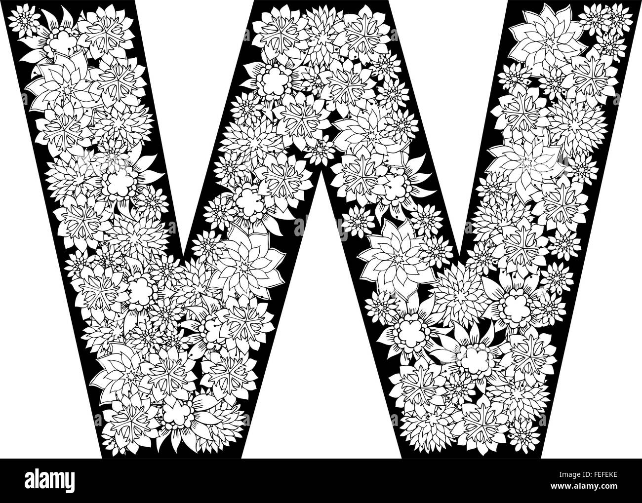 Disegnato a mano alfabeto floreale design. Lettera W Illustrazione Vettoriale