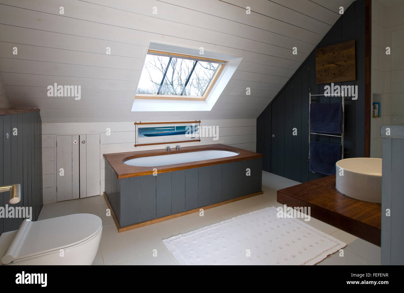 Bagno Nuovo, bianco con pannelli in legno, luce del tetto. Foto Stock