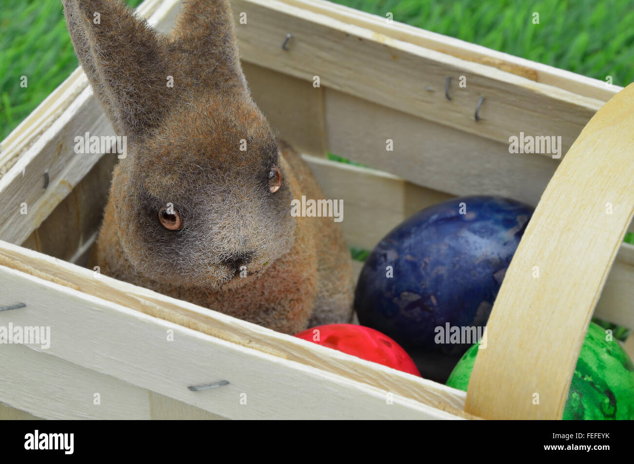 Close up di un coniglietto di pasqua con le uova di Pasqua, seduti in un paniere esterno sul verde erba, orizzontale il telaio completo Foto Stock