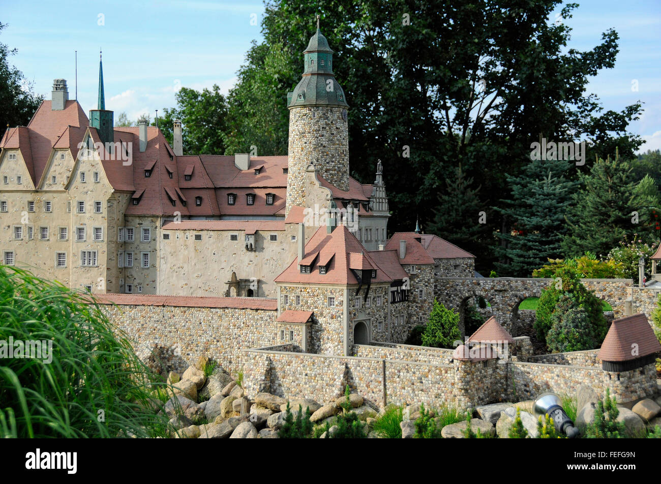 Replica in miniatura del castello di Czocha nella Bassa Slesia Kowary il parco in miniatura, Polonia Foto Stock