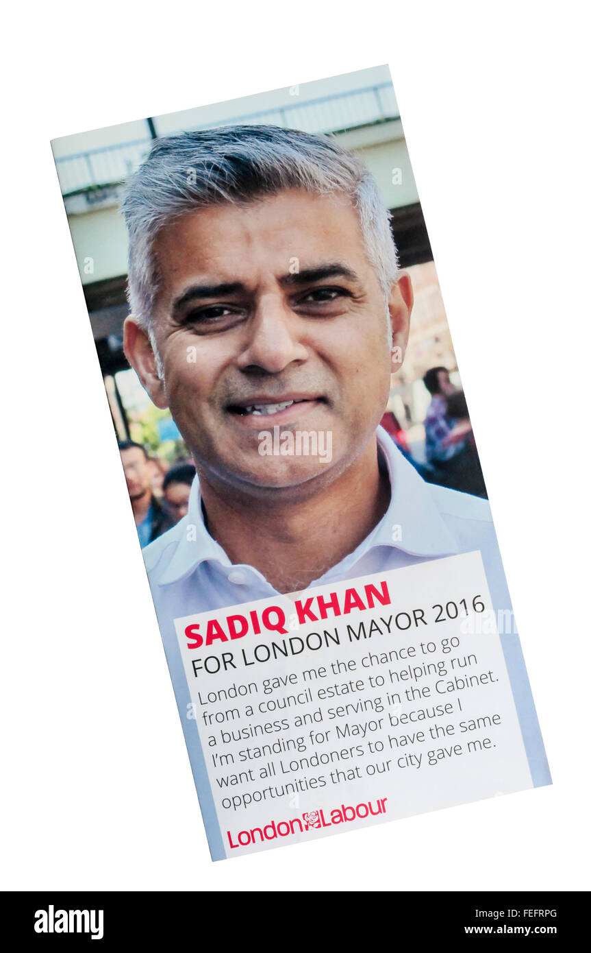 Un foglio illustrativo il supporto di Sadiq Khan, il partito laburista per il candidato sindaco di Londra nel 2016. Foto Stock