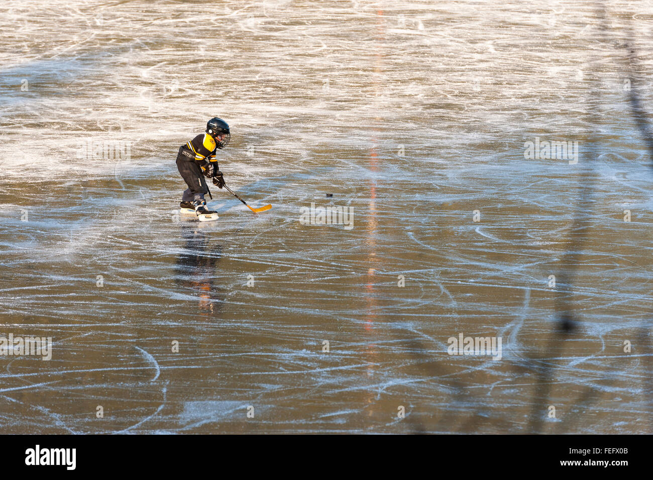 Bambino a giocare a hockey su Swan Lake di ghiaccio in Sitka, Alaska, Stati Uniti d'America. Fotografia di Jeffrey Wickett, fotografia NorthLight LLC, www. n Foto Stock