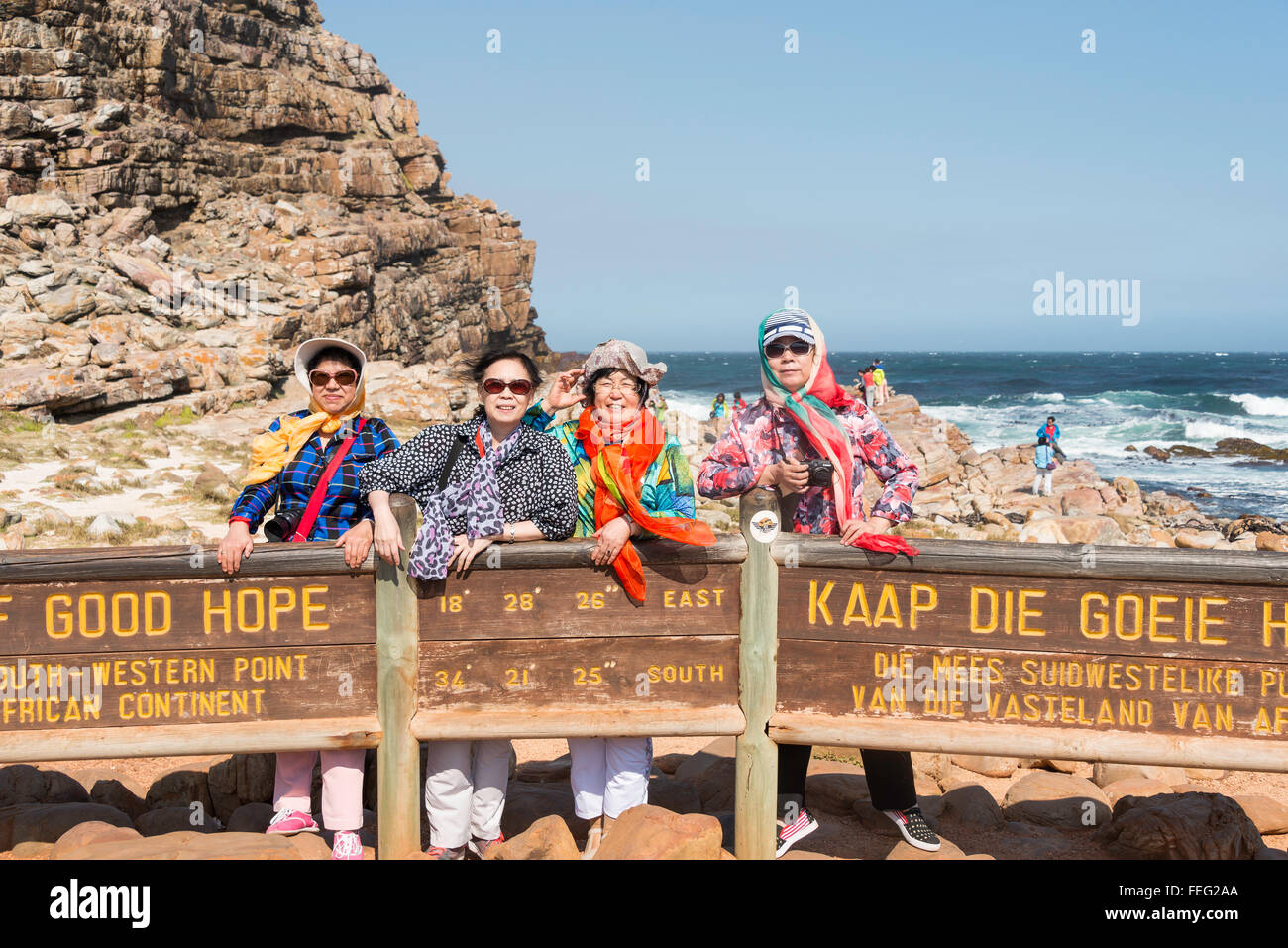 I turisti cinesi dal Capo di Buona Speranza segno, Cape Peninsula, città di Cape Town, Provincia del Capo occidentale, Repubblica del Sud Africa Foto Stock