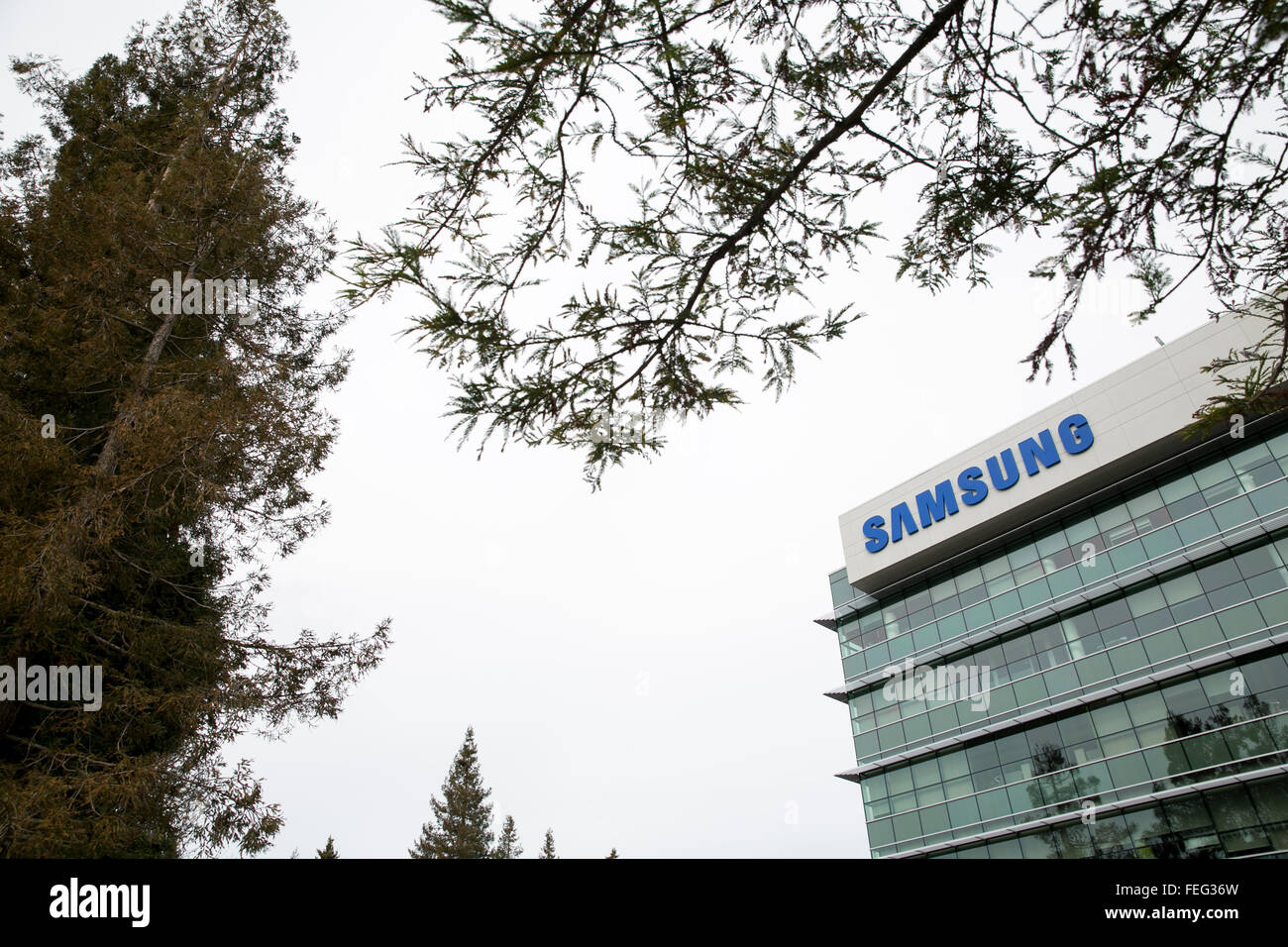 Un segno del logo al di fuori di una struttura occupata da Samsung a Sunnyvale, in California, il 24 gennaio 2016. Foto Stock