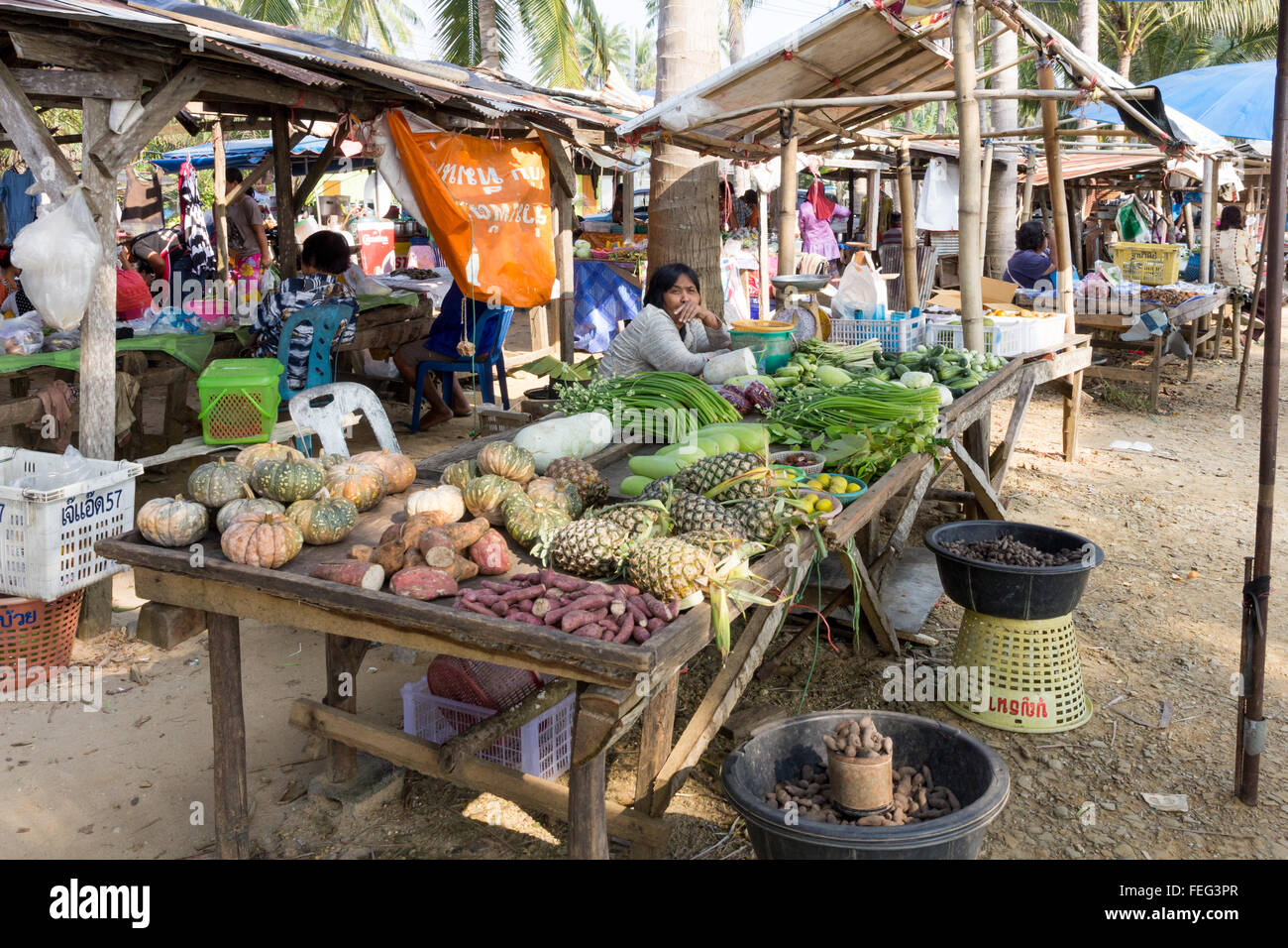 La donna per la vendita di frutta e verdura, piccolo mercato, Nakhon Si Thammarat provincia, Thailandia Foto Stock
