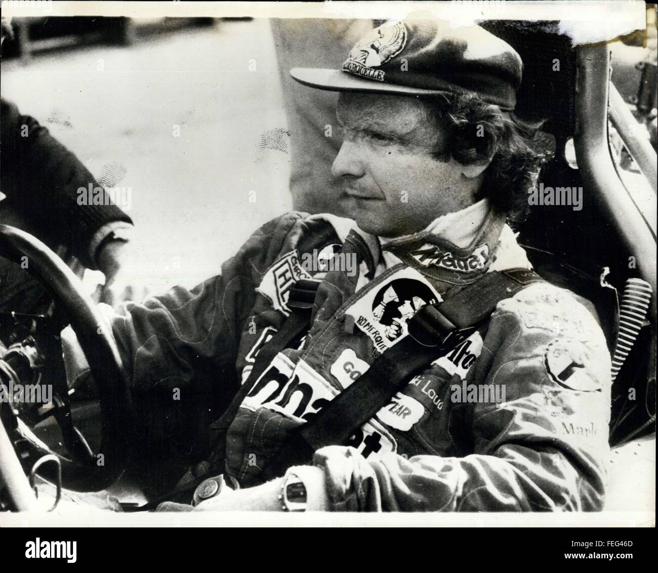 1978 - World Motor Racing campione Niki Lauda prove Brabham-Alfa: World Motor Racing campione Niki Lauda che ha vinto il World motor racing titolo guidando la Ferrari ha ora unita alla Brabham racing team ed è stato il test fuori lui nuova vettura al ''Vallel' circuito prima di iniziare la formula 1 campionati del mondo iniziare alla fine di questo mese. Mostra fotografica di Niki Lauda insediato nel Brabham-Alfa durante esecuzioni di test sul circuito di Vallelunga, in Italia. © Keystone Pictures USA/ZUMAPRESS.com/Alamy Live News Foto Stock