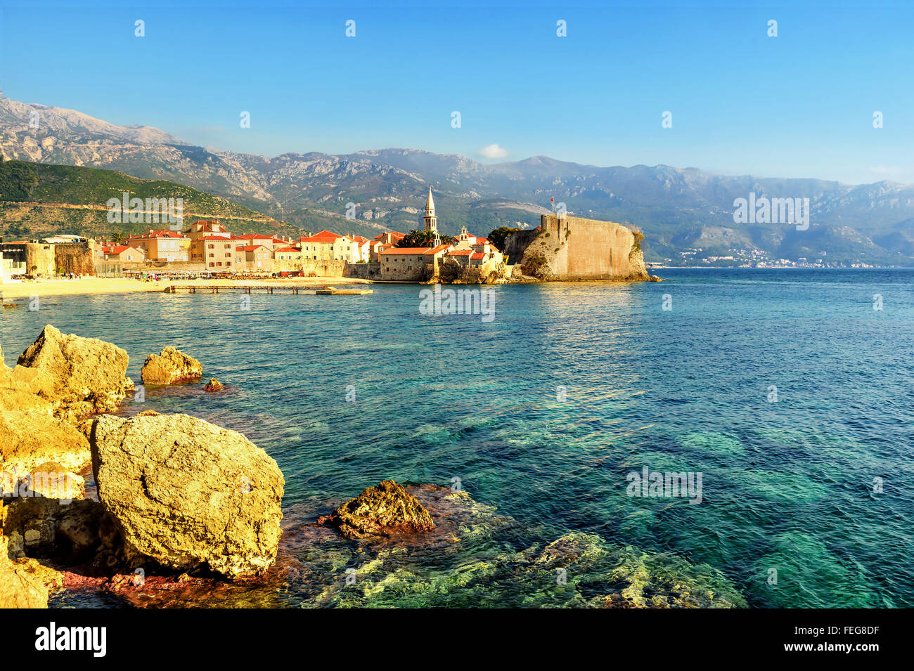 Vista di Stari Grad (Città Vecchia), Budva Montenegro Foto Stock