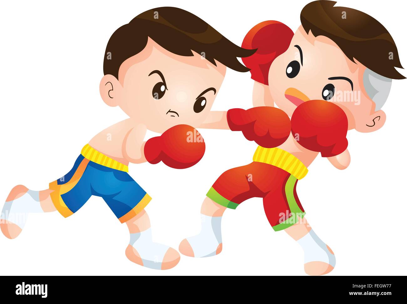 Vettore di carino di thai boxing bambini azioni di combattimento ginocchio su strike,lotta contro le azioni di sciopero a gomito,azioni hit sciopero e dodge, calcio alto sciopero Illustrazione Vettoriale