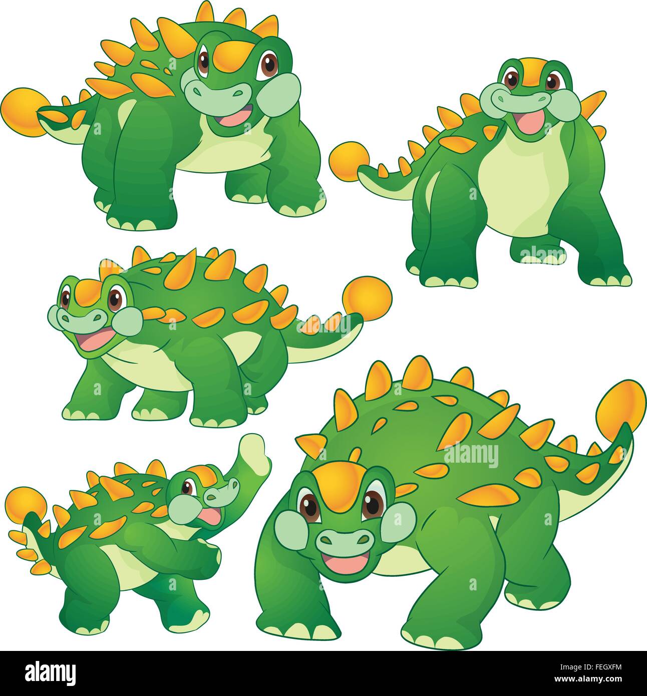 Carino gruppo vettore di dinosauri cartoon molte azioni.Tirannosauro lesothosaurus styracosaurus iguanodon stegosaurus diplodocus allosaurus thrinaxodon Illustrazione Vettoriale