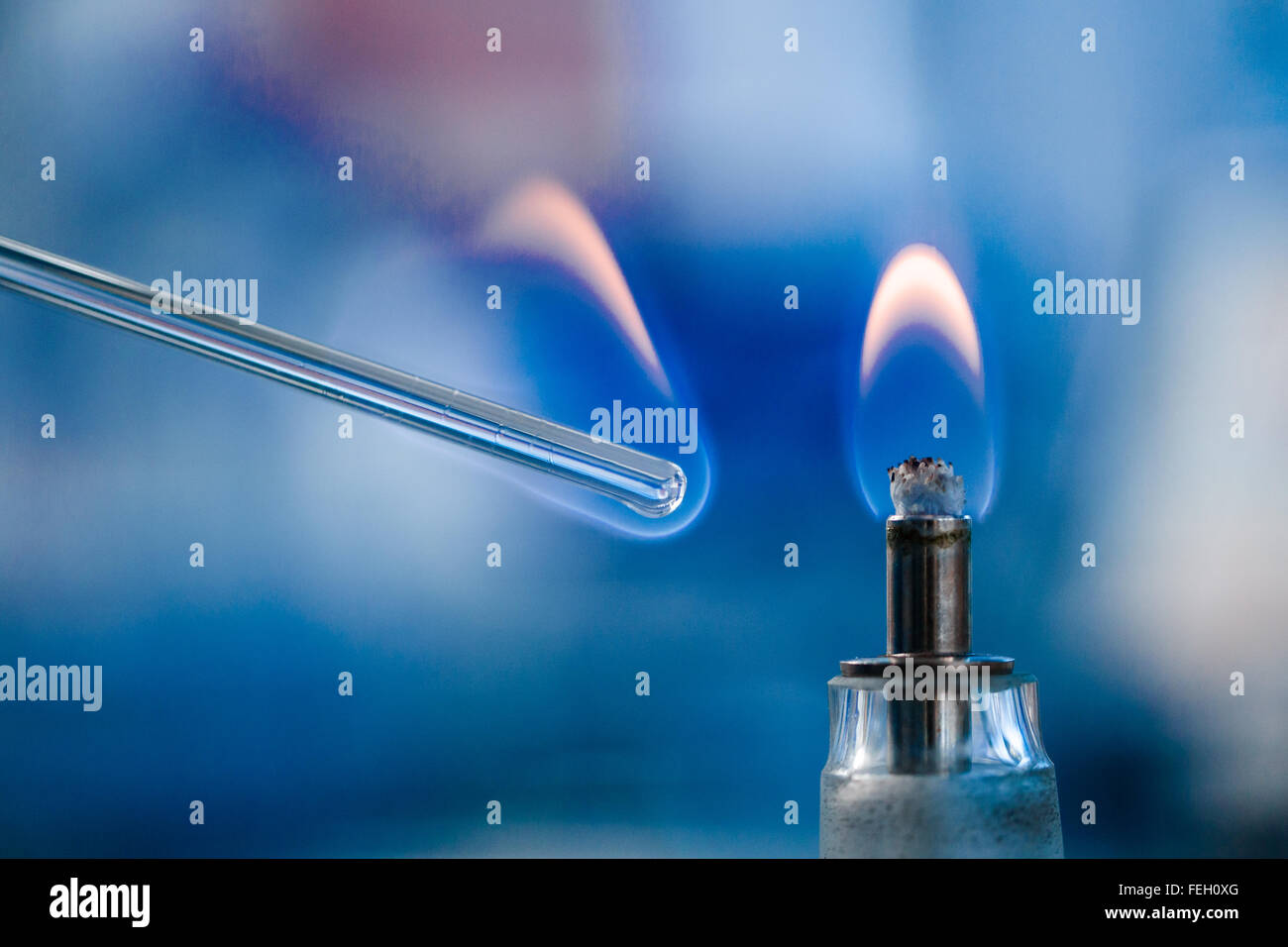 Apparecchiature in vetro sterilizzazione nella fiamma del bruciatore Foto Stock