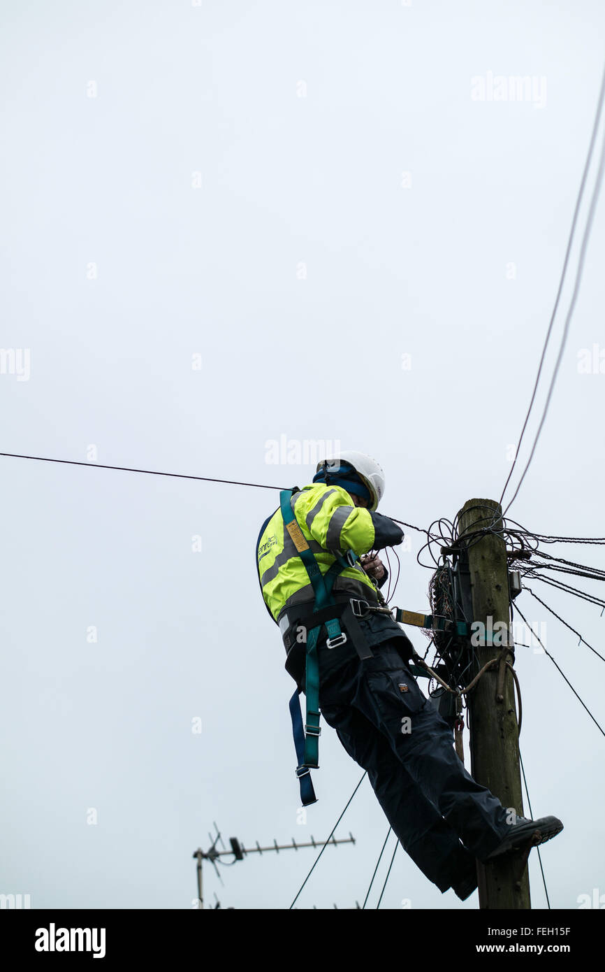 BT ingegnere di lavoro sui cavi aerei Foto Stock