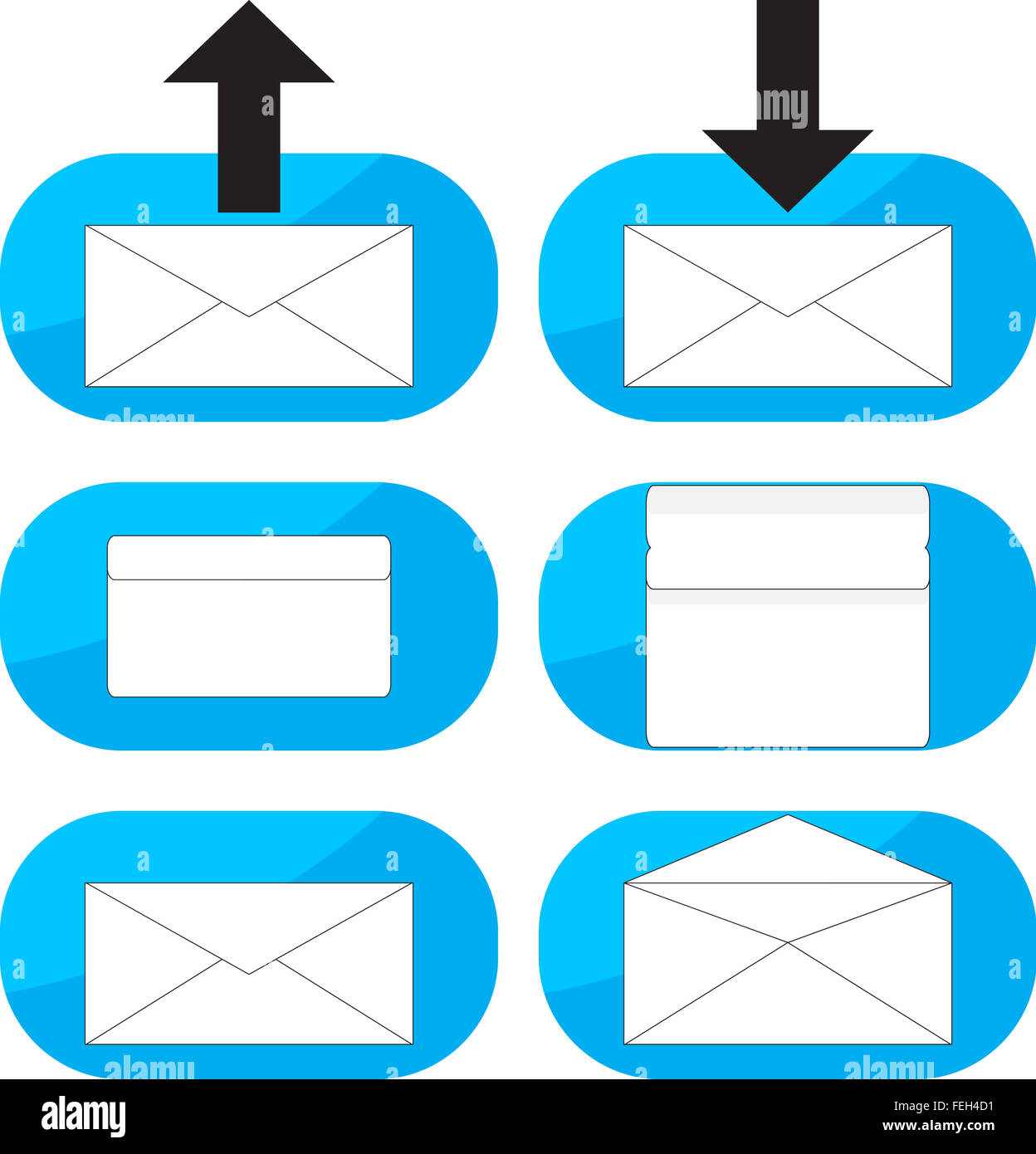 Posta in arrivo i messaggi e-mail in uscita icon set. Casella di posta in arrivo, Posta in uscita, lettera informazioni, Messaggio in entrata, inviare web, etichetta di comunicazione Foto Stock