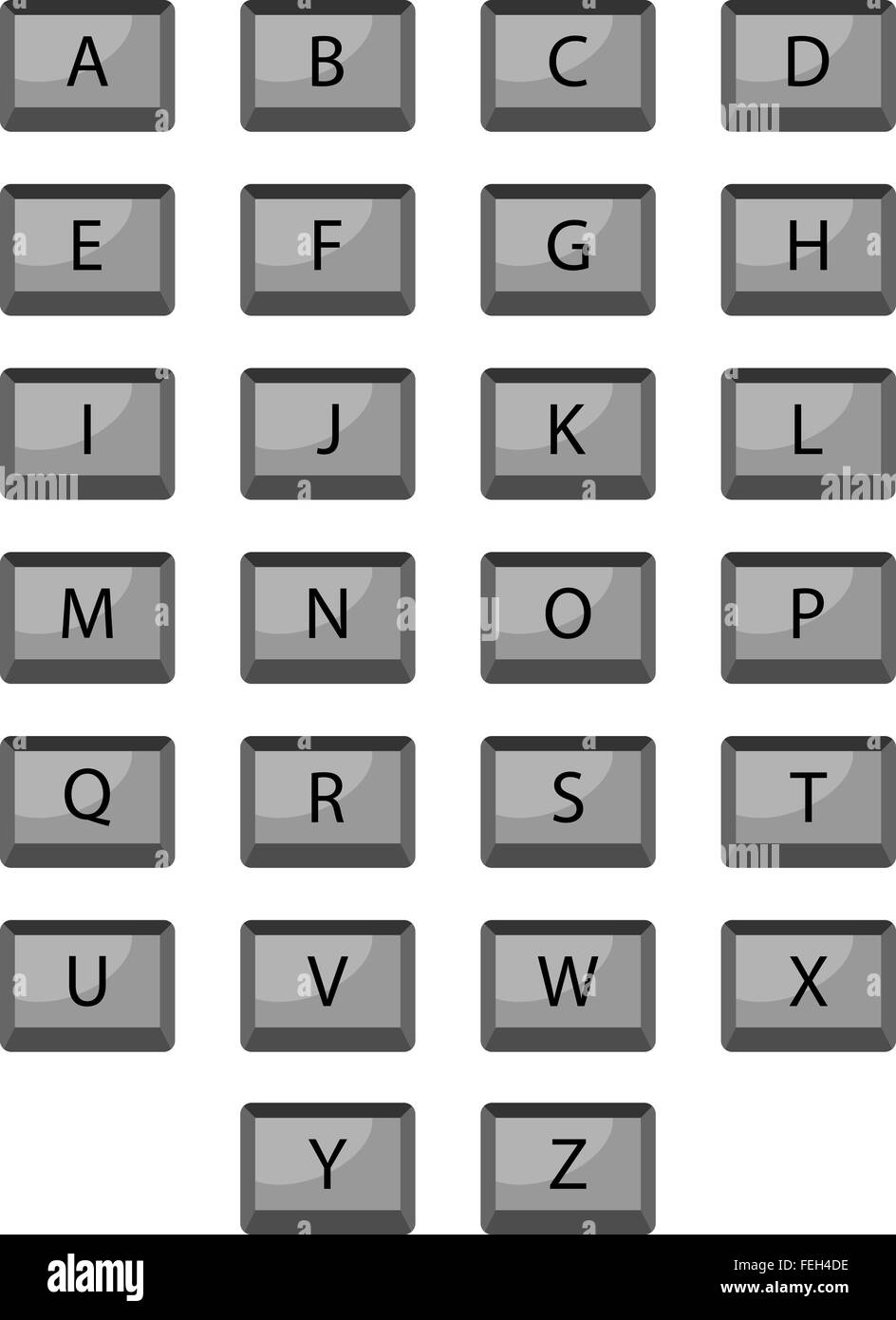 Alfabeto i pulsanti della tastiera. Tastiera ABC alfabeto, pulsante, testo computer, lettera tastierino, ingresso segno push. Arte vettoriale abstract Foto Stock