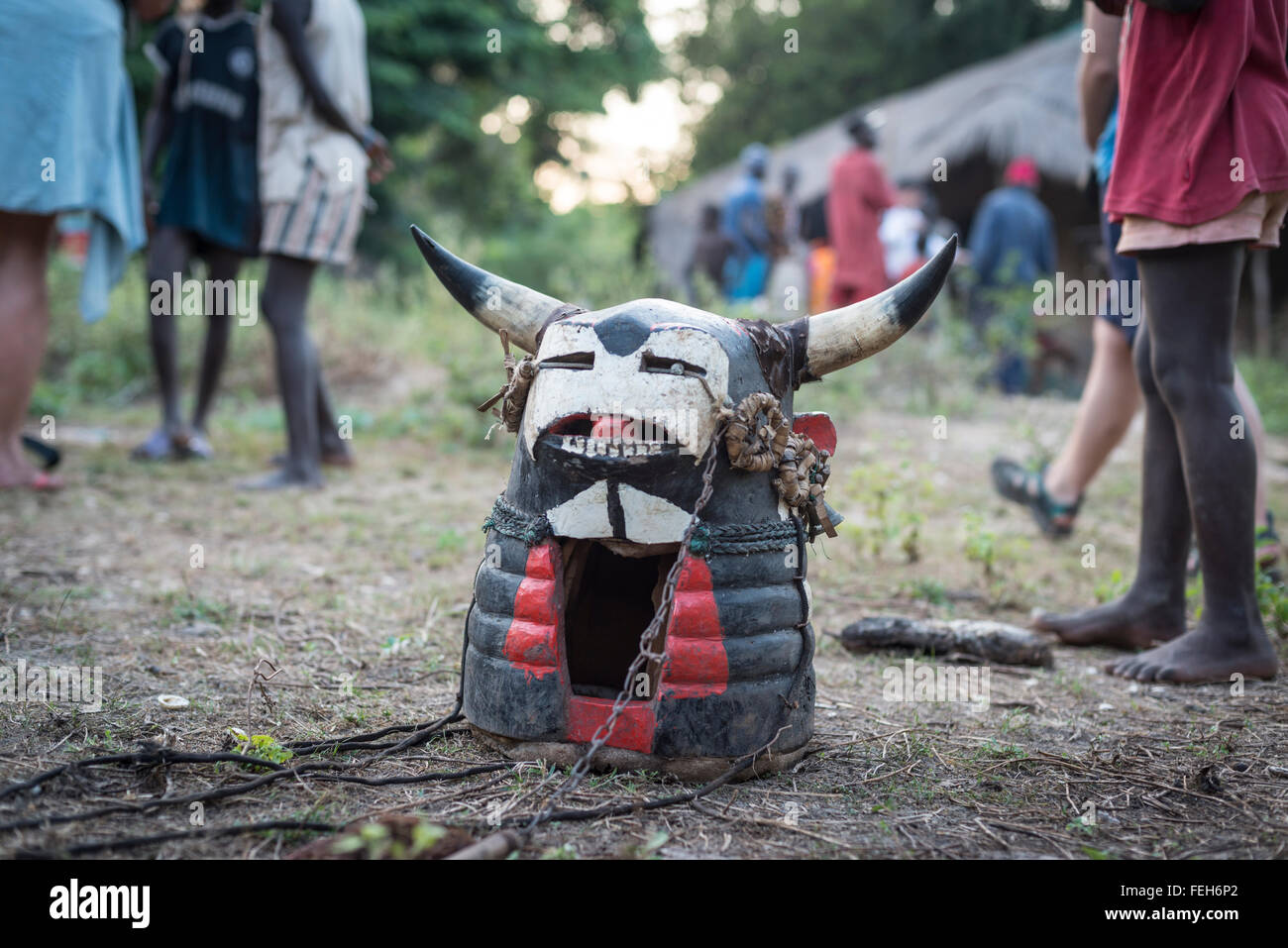 Una mucca in legno maschera utilizzata nel vaca bruto cerimonia di iniziazione, Agande villaggio sull'Onu isola arcipelago Bijagos Guinea Bissau Foto Stock