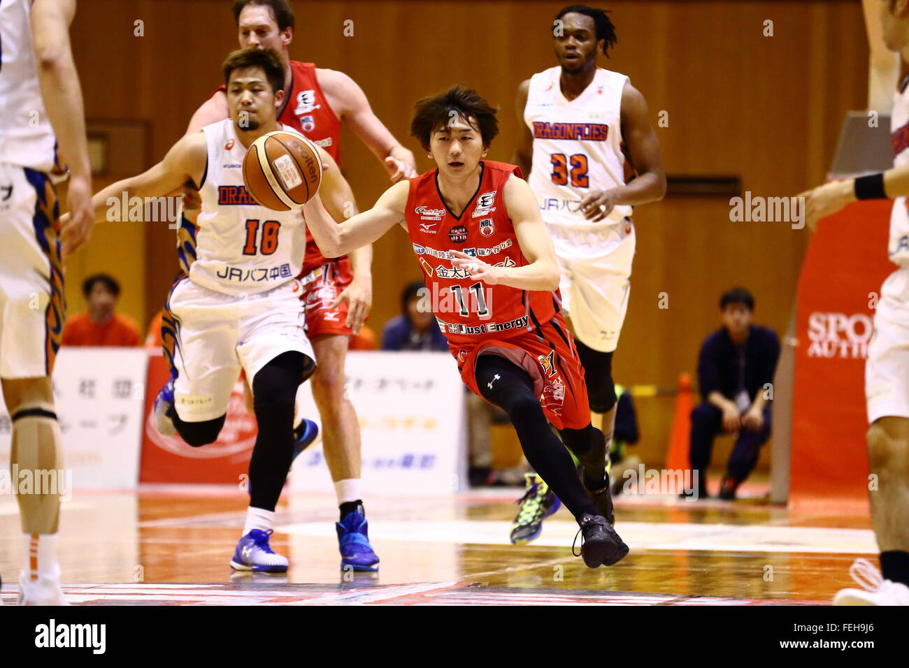 Fumio Nishimura (jet), 7 febbraio 2016 - Basket : National Basketball League 'NBL' 2015-2016 tra getti di Chiba 70-69 HIROSHIMA libellule in città Yachiyo palestra, Chiba, Giappone. (Foto di AFLO SPORT) Foto Stock