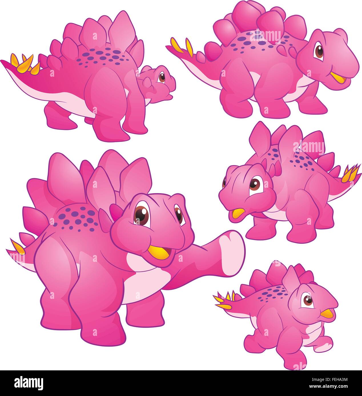 Carino gruppo vettore di dinosauri cartoon molte azioni.Tirannosauro lesothosaurus styracosaurus iguanodon stegosaurus diplodocus allosaurus thrinaxodon Illustrazione Vettoriale