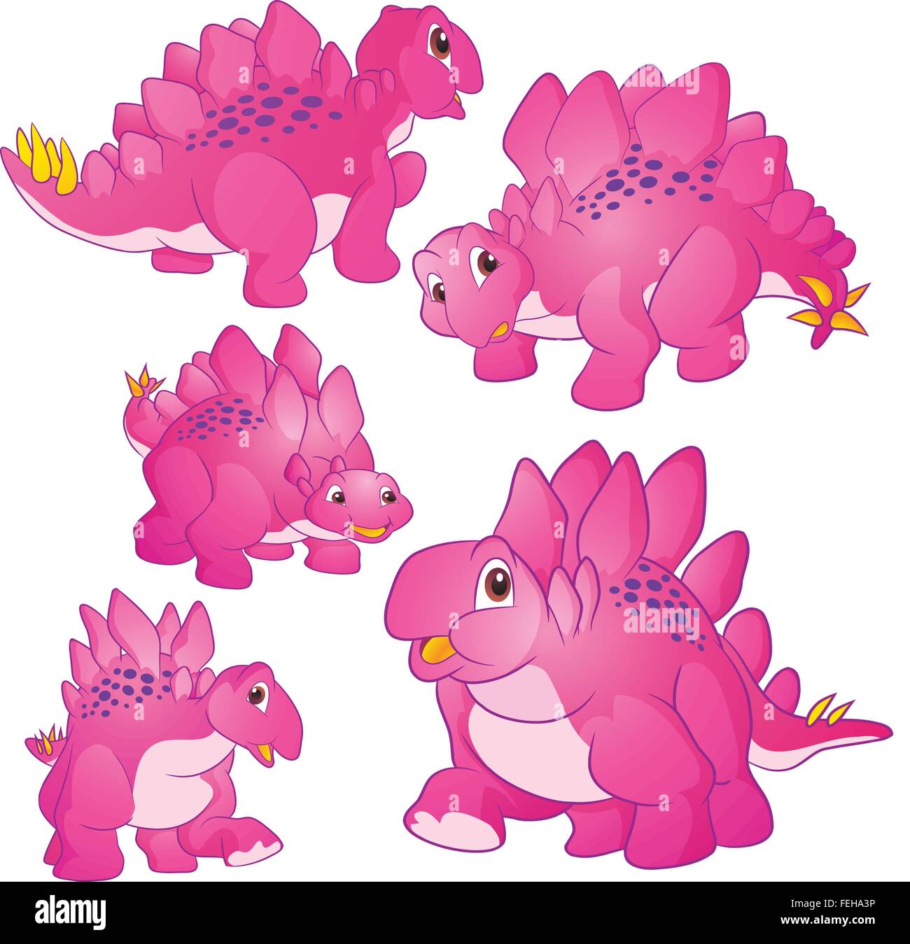 Carino gruppo vettore di dinosauri cartoon molte azioni.Tirannosauro lesothosaurus styracosaurus iguanodon stegosaurus diplodocus allosaurus thrinaxodon Illustrazione Vettoriale