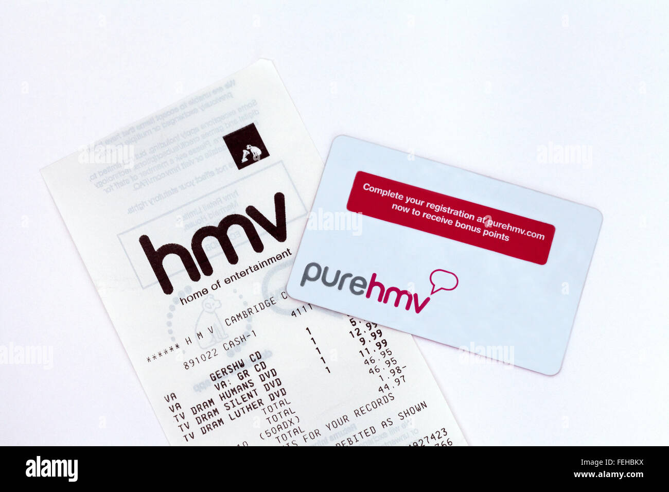 HMV customer loyalty card e la ricevuta, REGNO UNITO Foto Stock