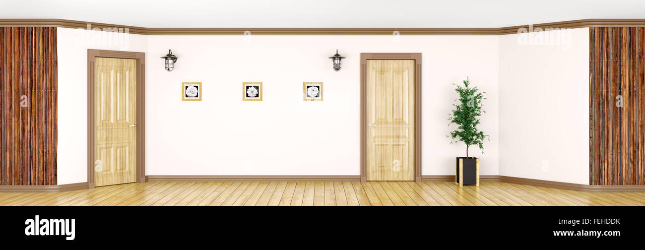 Interno di una camera classica con porte in legno e pannelli panorama 3d rendering Foto Stock