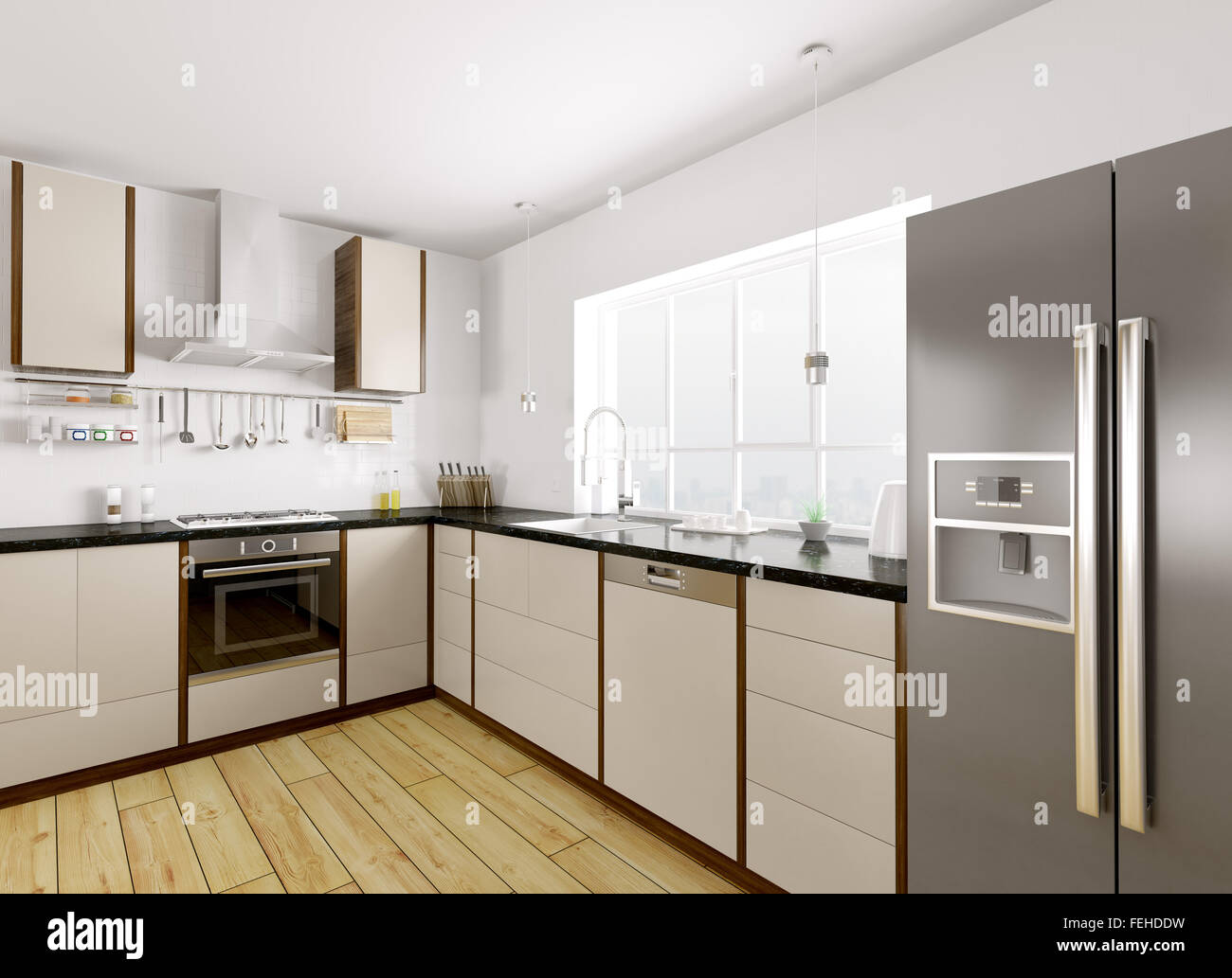 Cucina moderna con granito nero contatore Interni rendering 3D Foto Stock