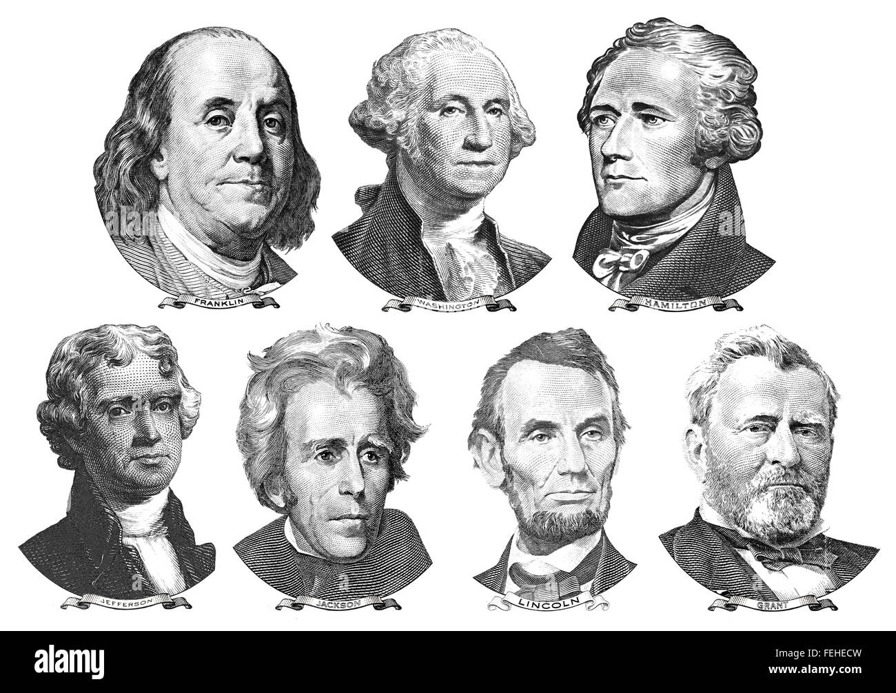 Ritratti di presidenti e politici di dollari Foto Stock