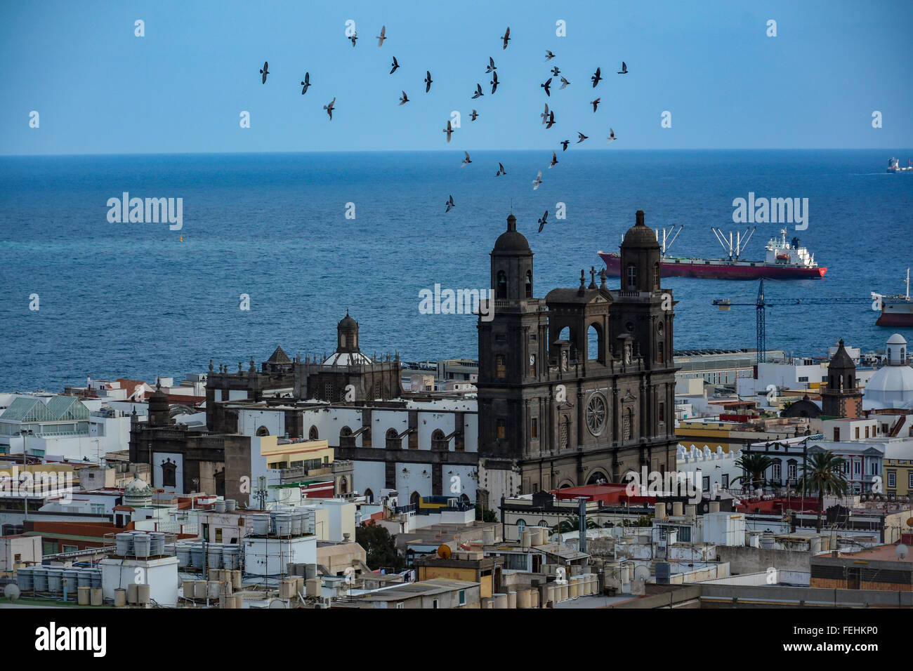 Cattedrale di Santa Ana (Santo Cattedrale-basilica delle Canarie) in Las Palmas visto da una collina Foto Stock
