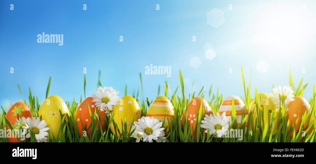 Le uova di pasqua su erba verde al giorno di sole Foto Stock