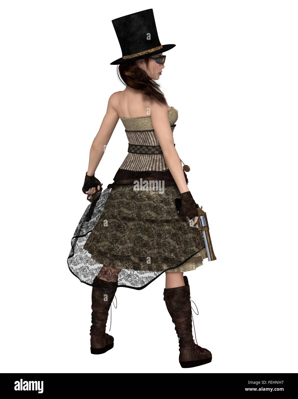 Steampunk donna con tubo da stufa Hat e due rivoltelle, vista posteriore Foto Stock