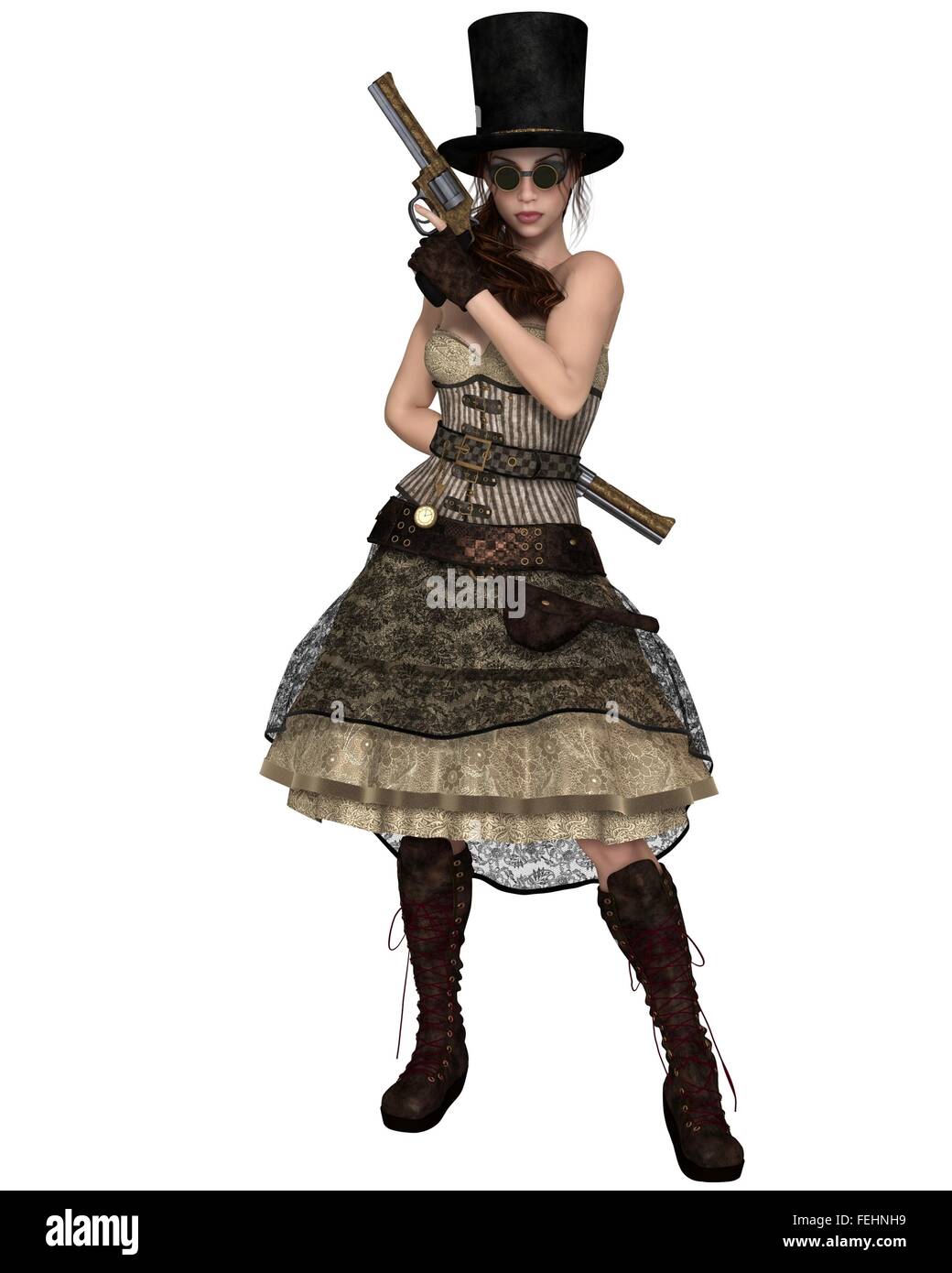 Steampunk donna con tubo da stufa Hat e due rivoltelle Foto Stock