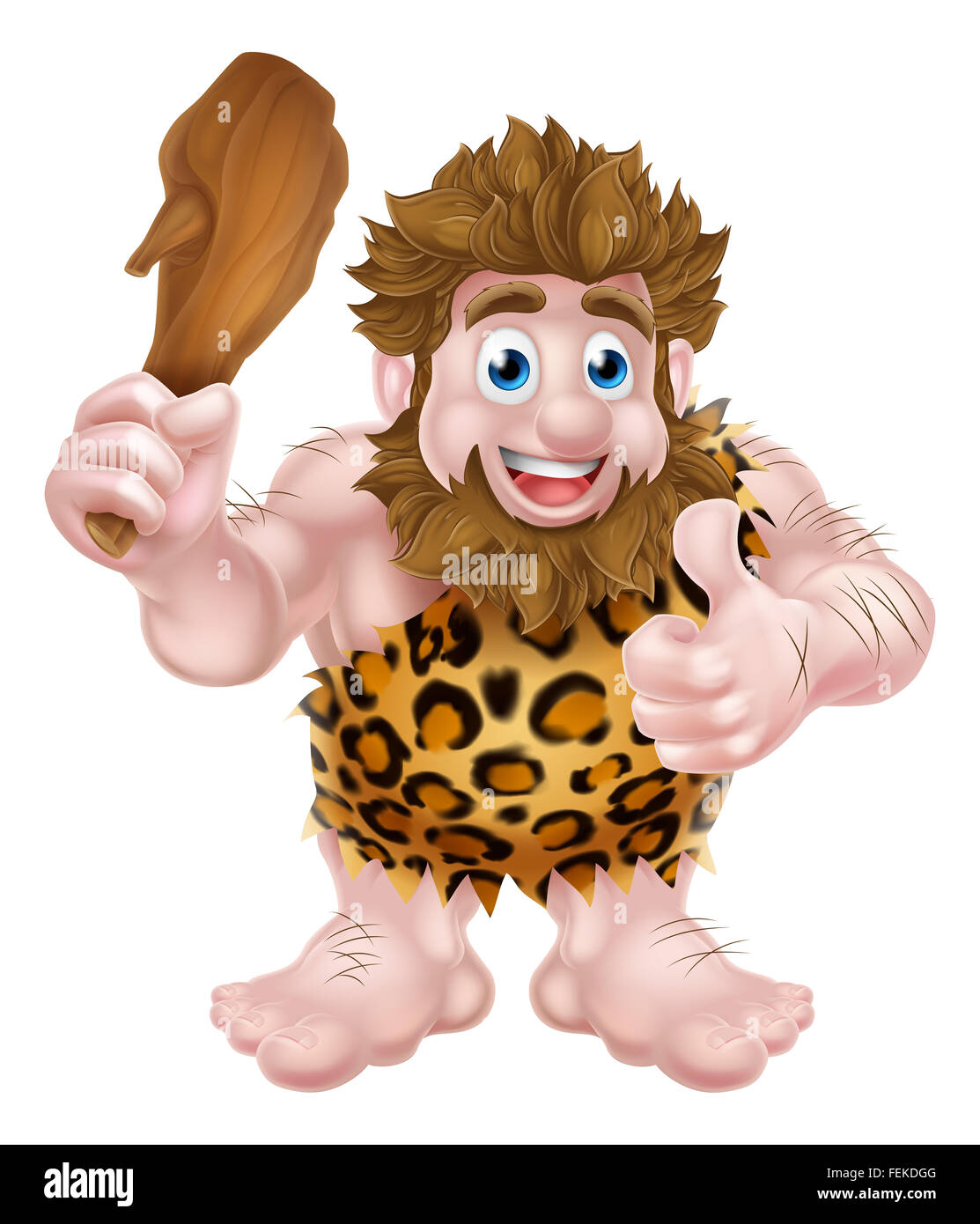 Caveman cartoon in una pelle animale dando un pollice in alto e tenendo un club. Foto Stock