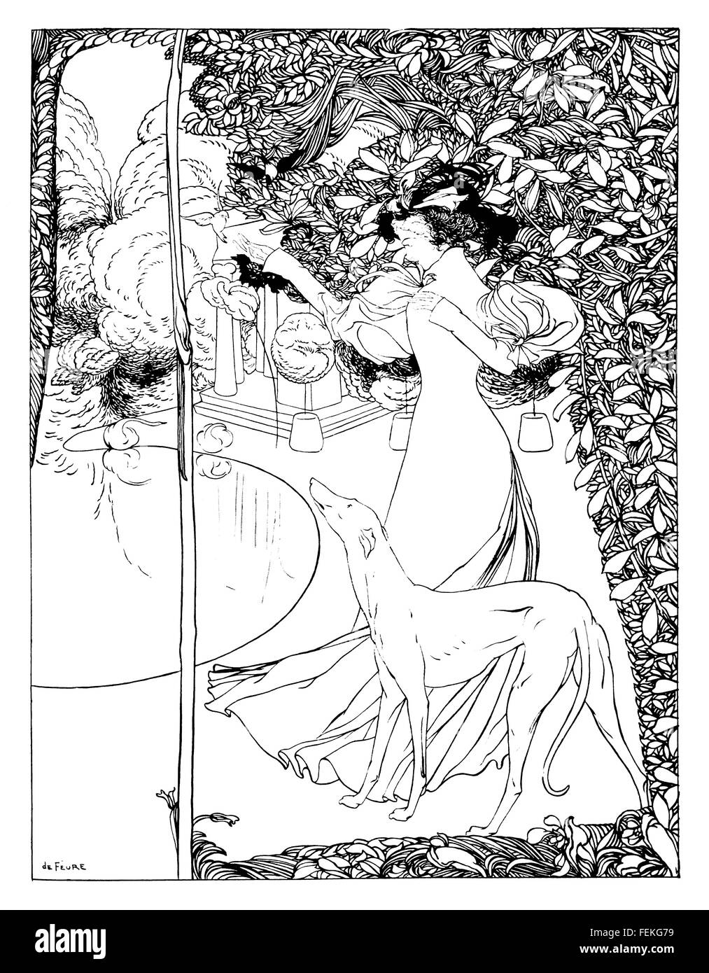 La Charmeuse D'oiseaux, lady, affascinanti uccelli disegno di Georges de Feure Foto Stock