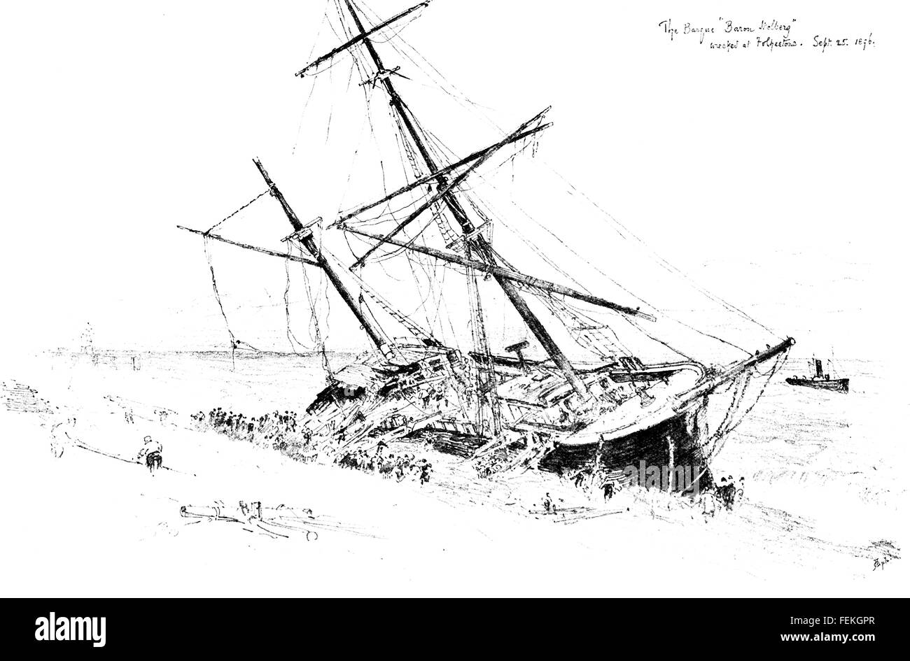 Barca Barone Holberg naufragare a Folkestone, 5 settembre 1896, schizzo a matita illustrazione dei mezzitoni da Edward William Charlton Foto Stock