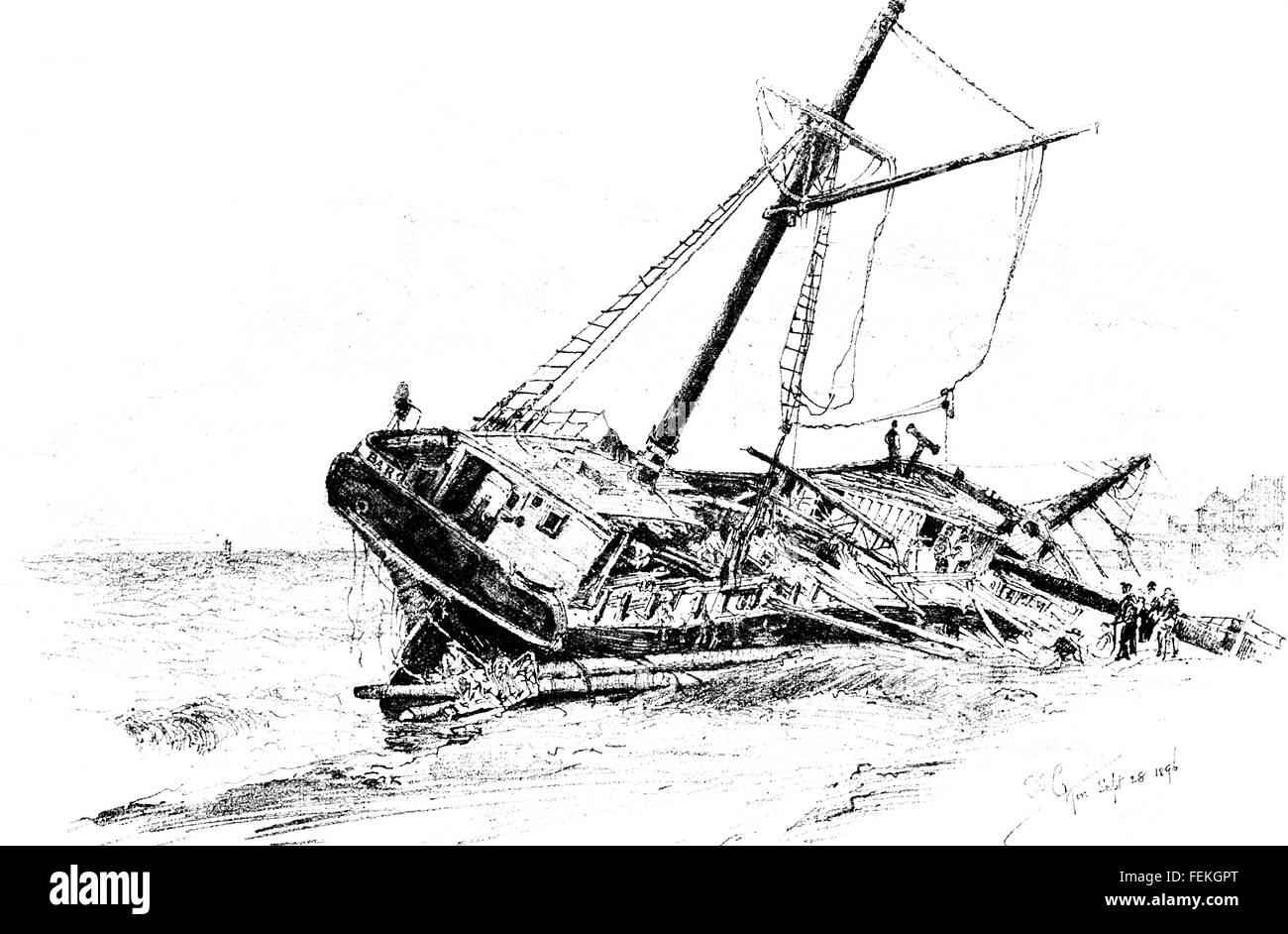 Norwegian Barque Barone Holberg naufragare a Folkestone, 5 settembre 1896, schizzo a matita illustrazione dei mezzitoni da Edward Charlton Foto Stock