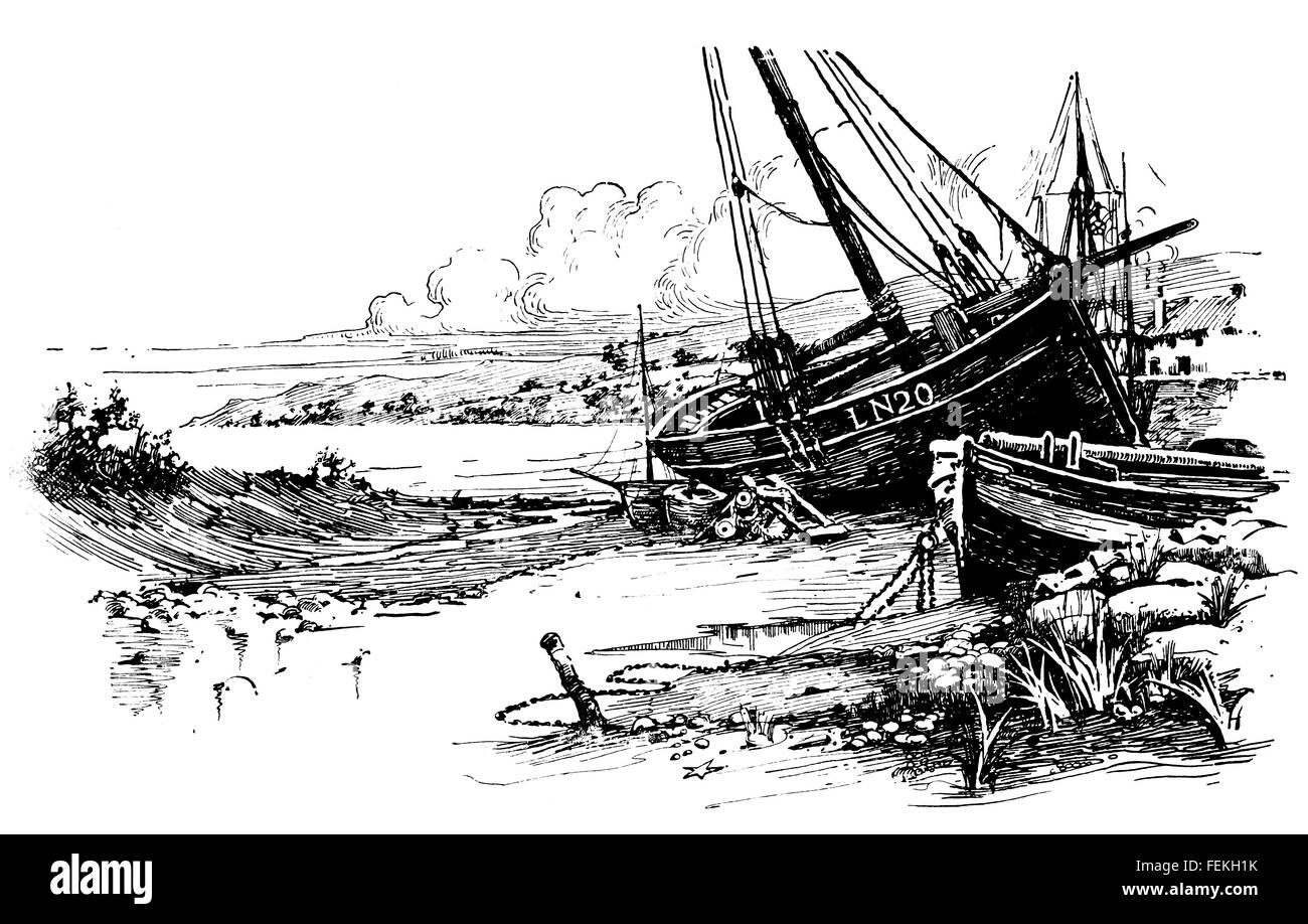 Barche a Porlock, Somerset, illustrazione di linea da Samuele Poole, dal 1897 la rivista di studio della concorrenza Foto Stock