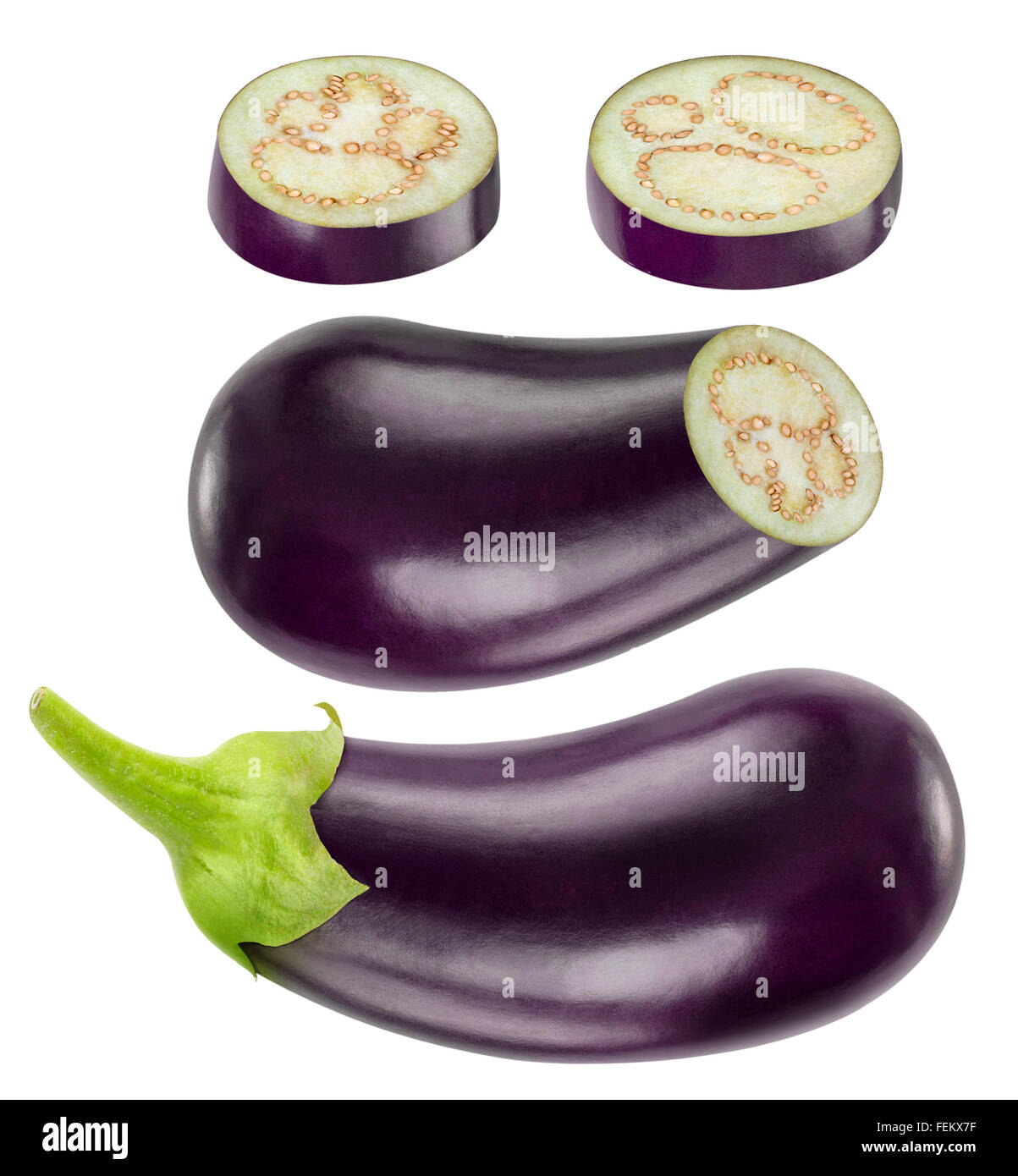 Raccolta di tutto e tagliare le melanzane isolato su bianco con tracciato di ritaglio Foto Stock