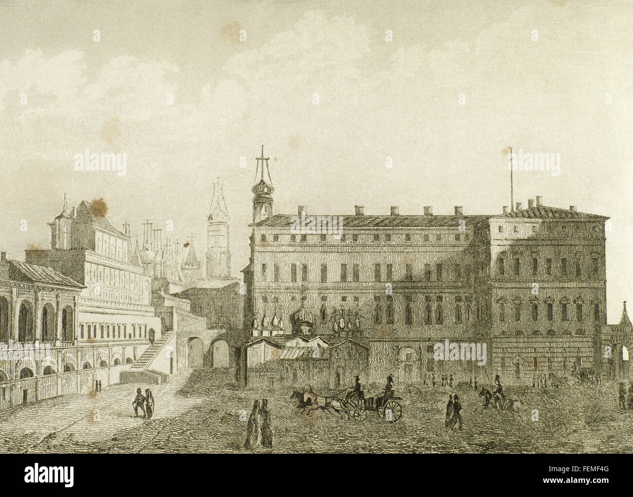 La Russia. Mosca. Il vecchio e il nuovo palazzo degli zar (XVII secolo). Incisione del XIX secolo. Foto Stock