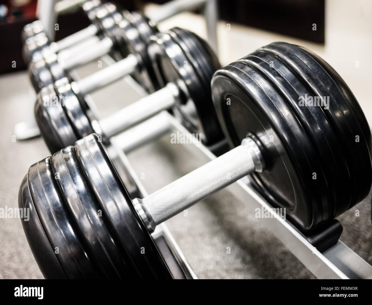 Club benessere palestra di pesi pesi liberi su un rack Foto stock - Alamy