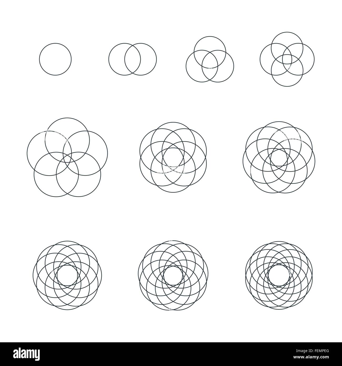 Cerchio di vettore di contorno nero monocromatico variazioni di geometria sacra decorazione raccolta di elementi isolati sfondo bianco Illustrazione Vettoriale