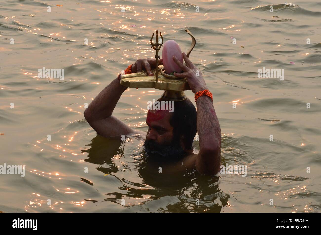 Di Allahabad, Uttar Pradesh, India. 8 febbraio, 2016. Di Allahabad: un sadhu prendere holydip a Sangam, alla confluenza del fiume Yamuna Ganga e mitologiche Saraswati in occasione dei Maghi Purnima il principale santo giorno di balneazione durante Magh mela festival di Allahabad su 08-02-2016. foto di prabhat kumar verma © Prabhat Kumar Verma/ZUMA filo/Alamy Live News Foto Stock