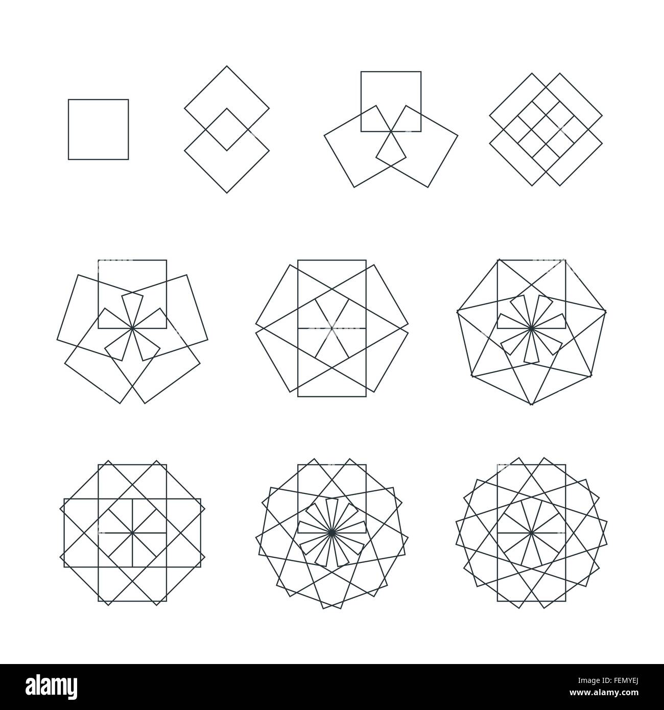 Tetragonale vettore contorno nero monocromatico variazioni di geometria sacra decorazione quadrato raccolta di elementi isolati backg bianco Illustrazione Vettoriale