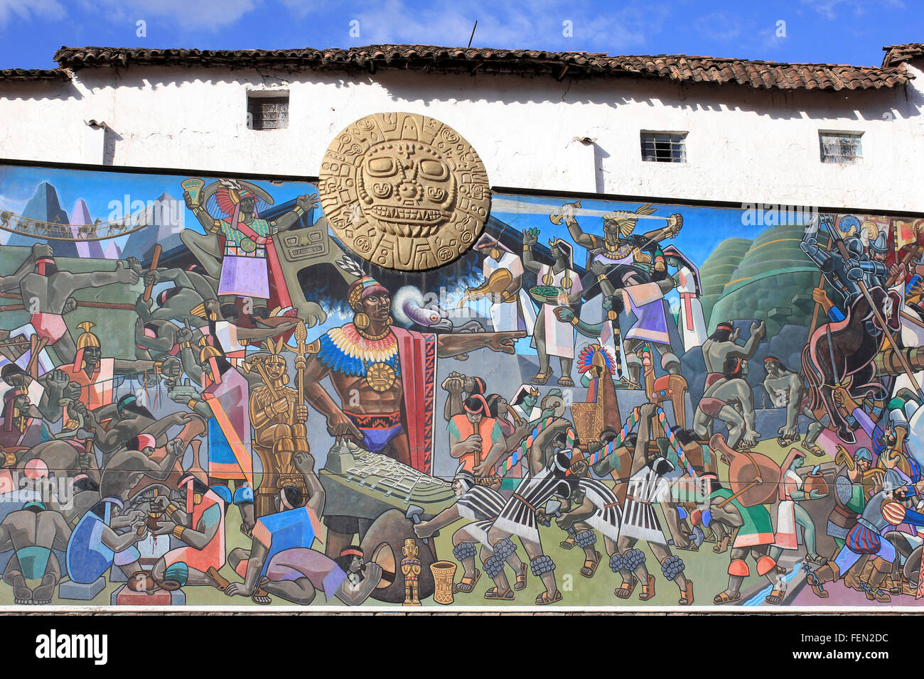 Parte del Murale in Cusco da Juan Bravo raffiguranti eventi nella civiltà Inca Foto Stock